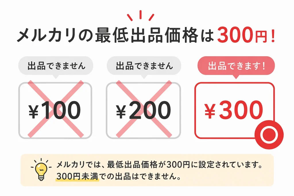 メルカリでは、３００円以上でないと出品できないことを説明している画像