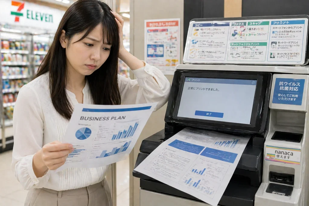 コンビニ印刷でプリンターの前で印刷した用紙を困った表情で見ている女性の画像
