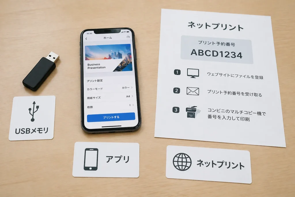 コンビニ印刷する場合、USB、アプリ、ネットプリントといろいろな方法があることを示す画像