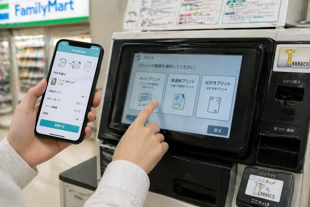 スマホを見ながらコンビニの印刷機械を操作している画像