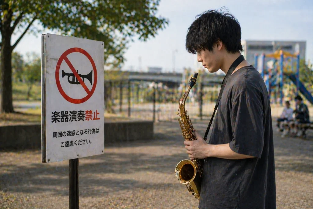 楽器練習禁止の立札を見ている画像