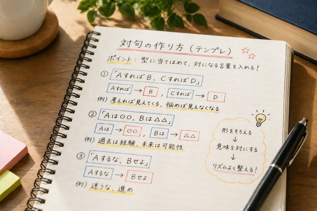ノートに対句の作り方のテンプレが書かれている画像