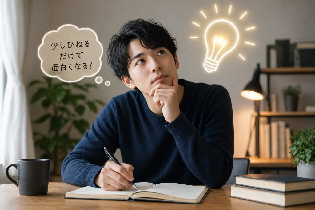 男性が少しひねりを加えた文言を考えている画像