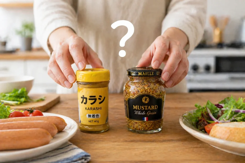 カラシとマスタードのどちらを使うか迷っている画像