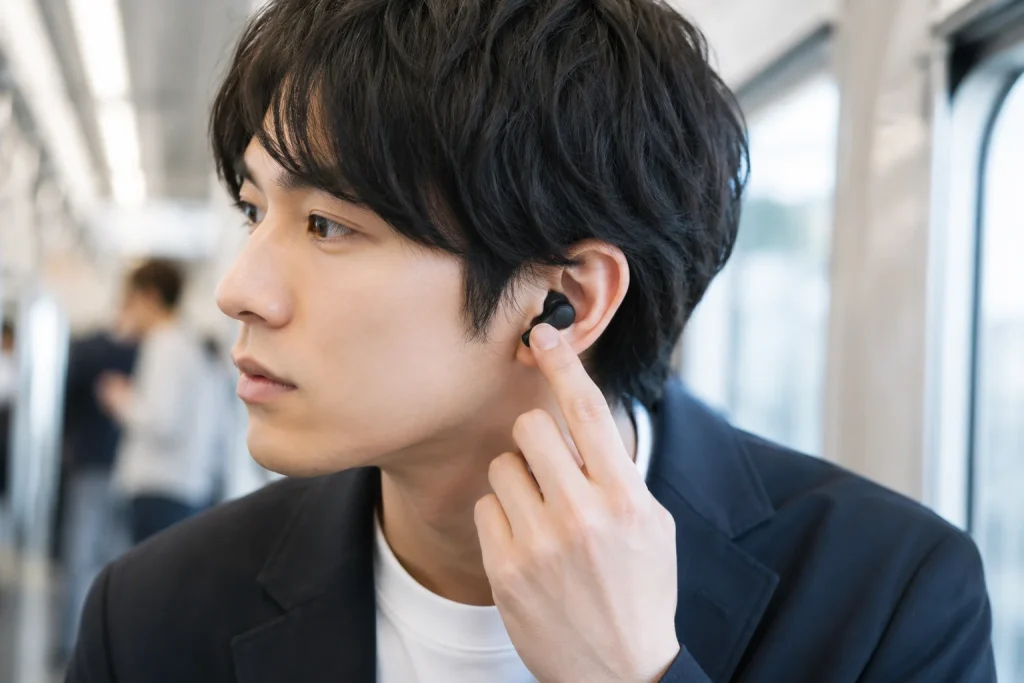 ワイヤレスイヤホンが落ちないか指で押さえている人の画像