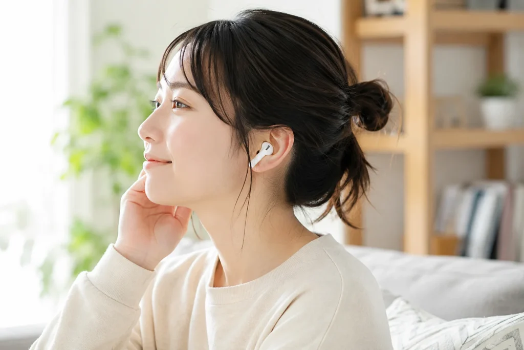 ワイヤレスイヤホンを使って何かを聴いている女性の画像