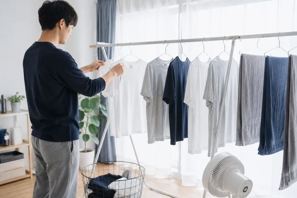 若い男性が洗濯物を干している画像