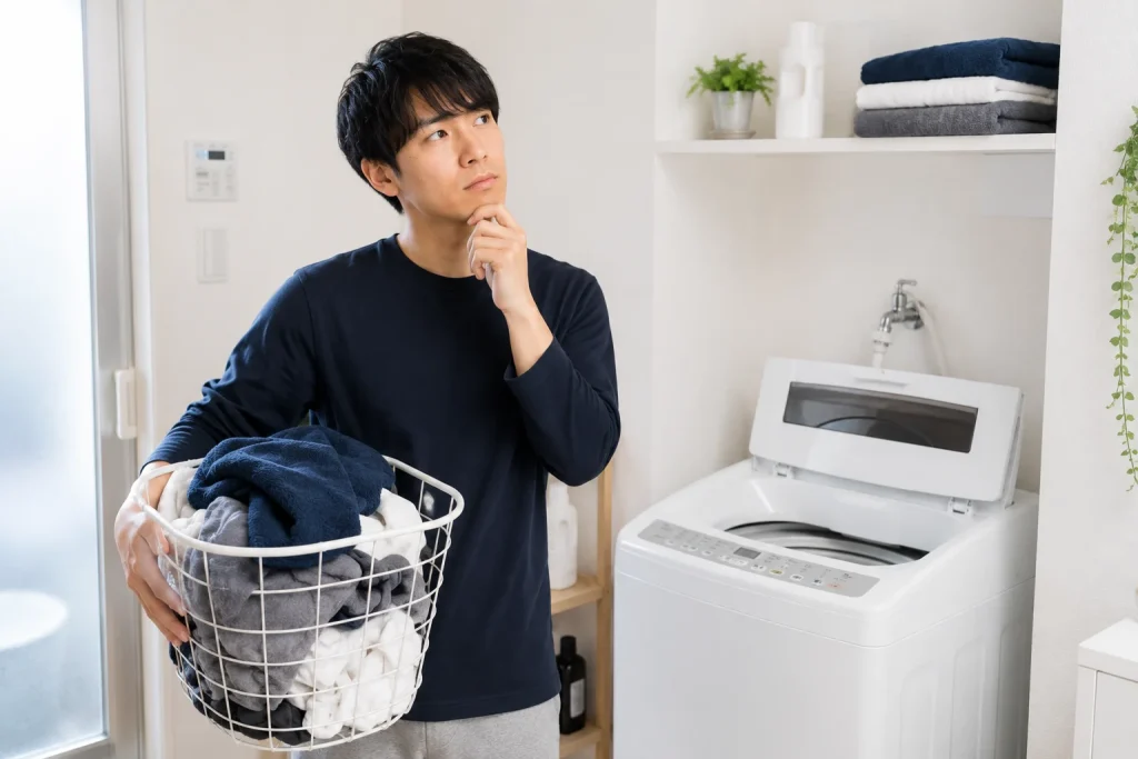 若い男性が洗濯の前に考えているイメージ画像