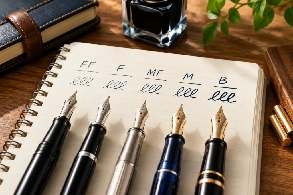 太さ違うペン先の5本の万年筆と書いた線の画像